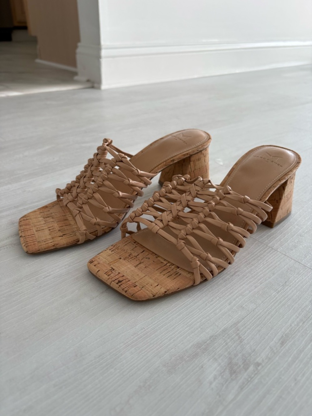 NEVER WORN. Braided Cork Block Heel Mules in Nude